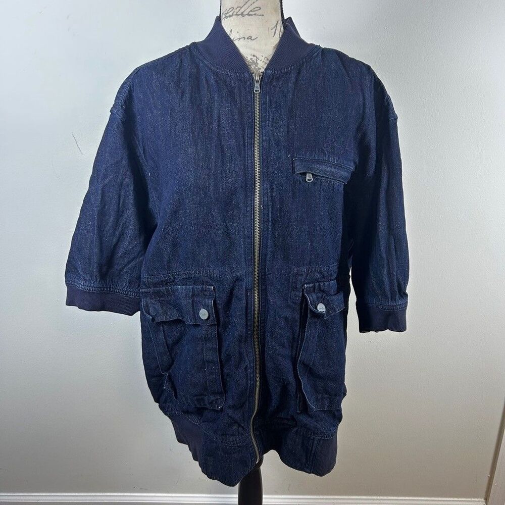 Sean John Denim Bomber Jacket Womens XL Blue Cotton Linen Blend Zip Up Y2K